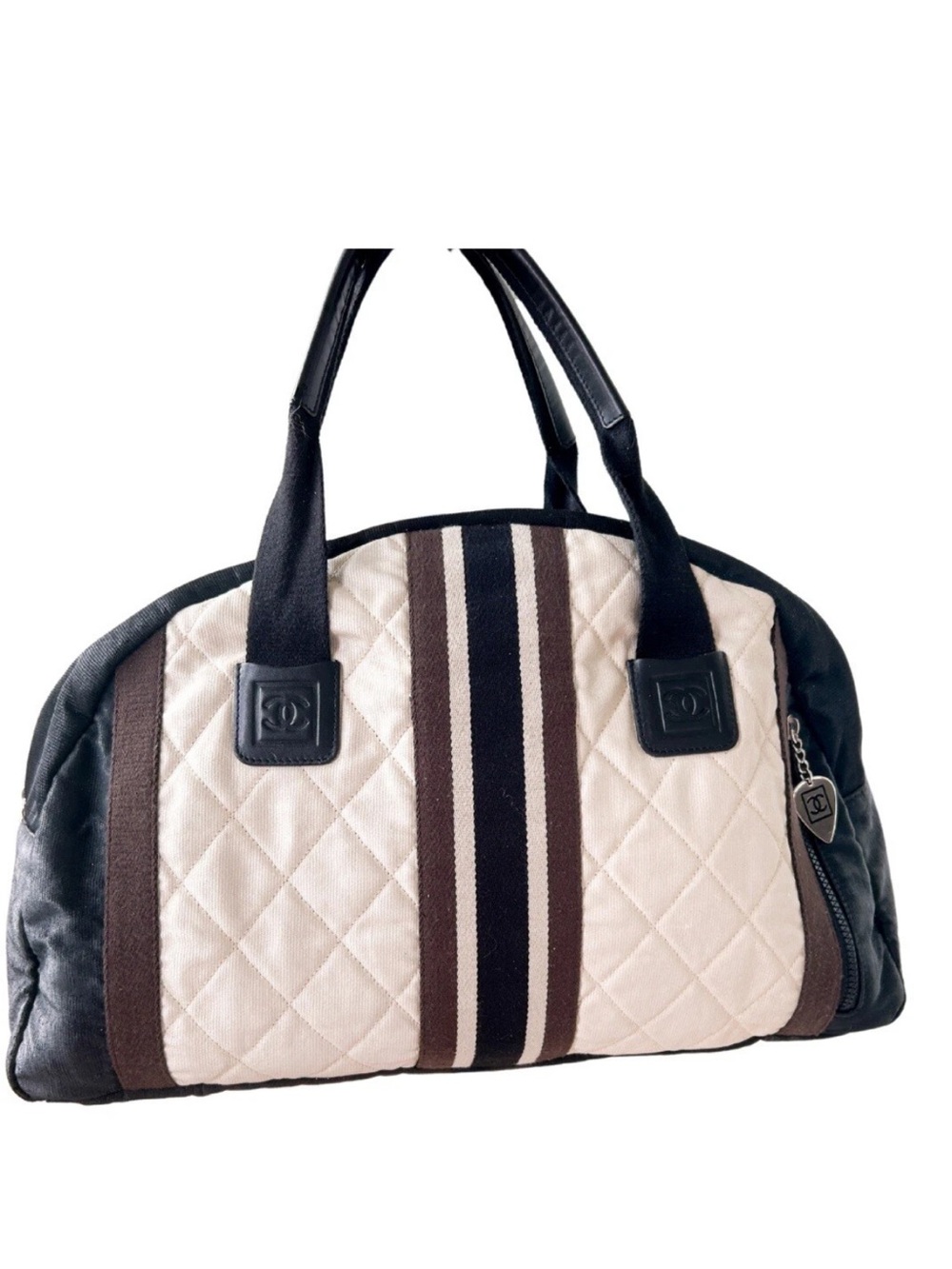 Chanel vintage bowler purse gym bag quilted large silver hardware luxury